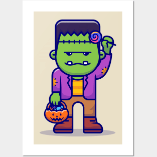 Cute Frankenstein With Candy Lollipop Cartoon Posters and Art